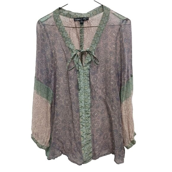 Gypsy 05 Womens Silk Floral Blouse Medium Purple Green Sheer Peasant BOHO Top - Picture 1 of 8
